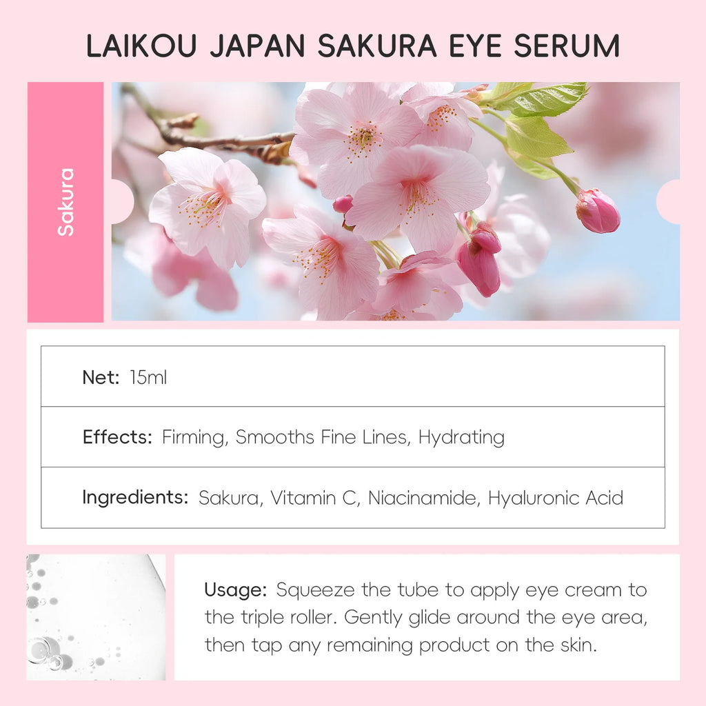 LAIKOU Sakura Anti- Wrinkle Eye Cream With Roller Ball Quick Drying Hydrating Hyaluronic Acid Refreshing Eye Serum 15ml