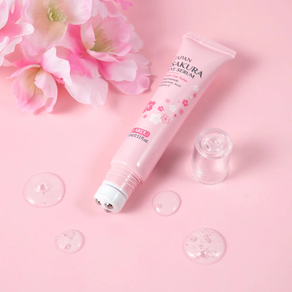 LAIKOU Sakura Anti- Wrinkle Eye Cream With Roller Ball Quick Drying Hydrating Hyaluronic Acid Refreshing Eye Serum 15ml