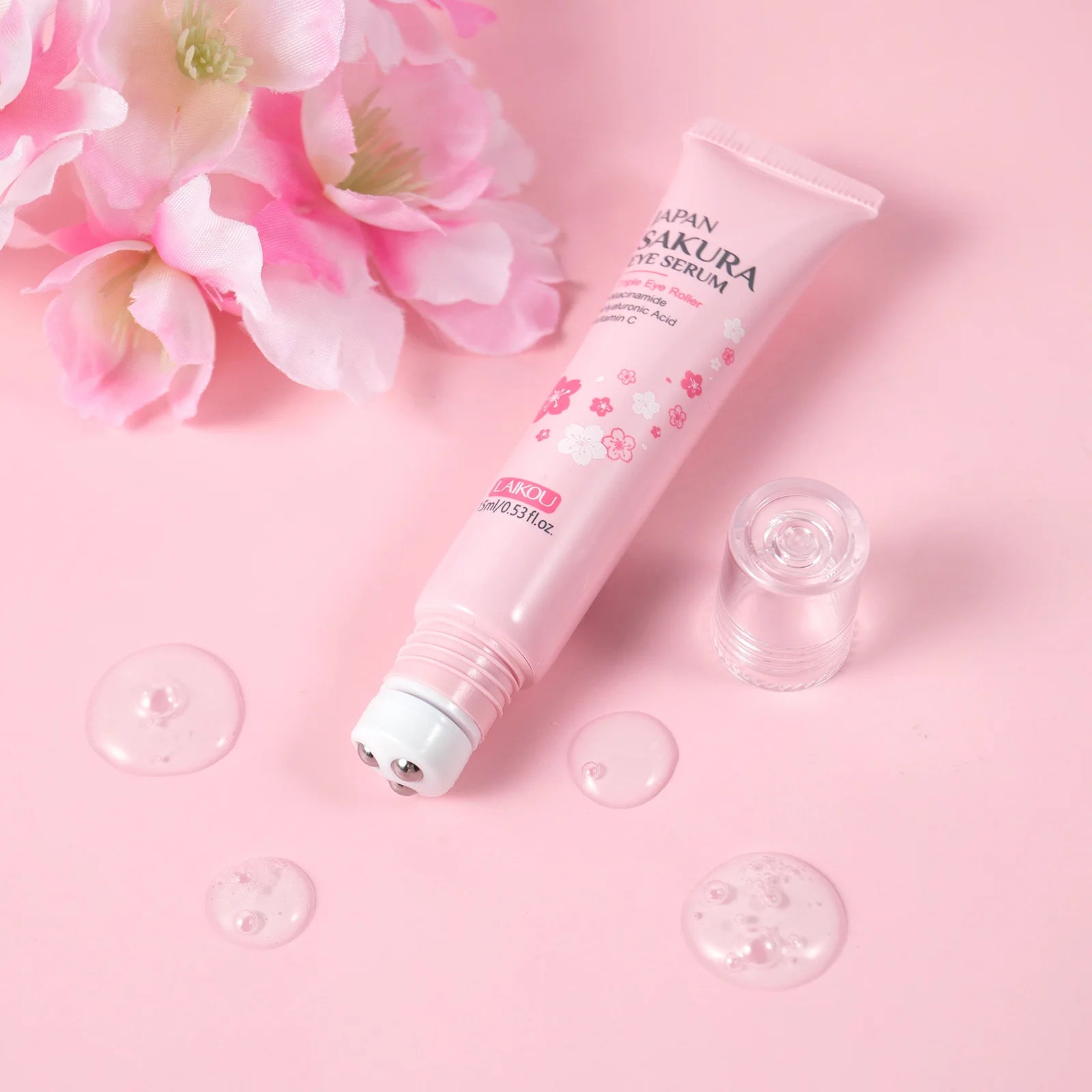 LAIKOU Sakura Anti- Wrinkle Eye Cream With Roller Ball Quick Drying Hydrating Hyaluronic Acid Refreshing Eye Serum 15ml